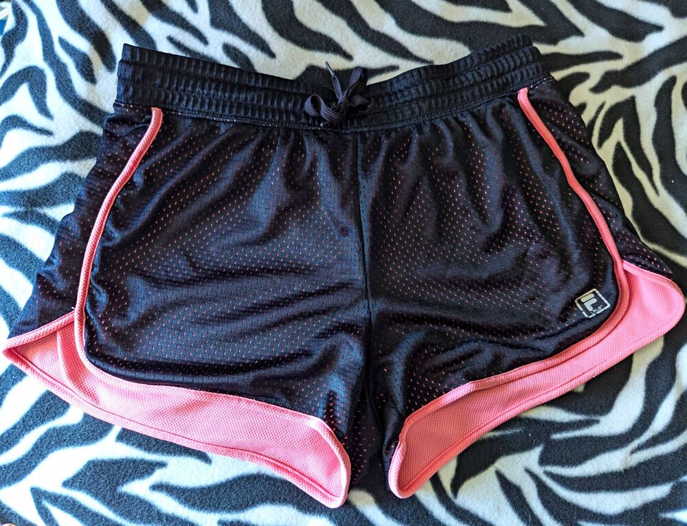 FILA Women's Medium Black/Pink Mesh Athletic Gym Running Drawstring Shorts